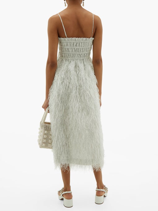 Ganni Feather-trimmed shirred lamé midi ...